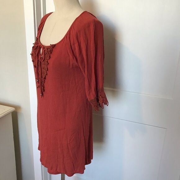 Naïf BOHO Crepe Lace Tie V-Neck Shift Mini Dress Large - Picture 3 of 8